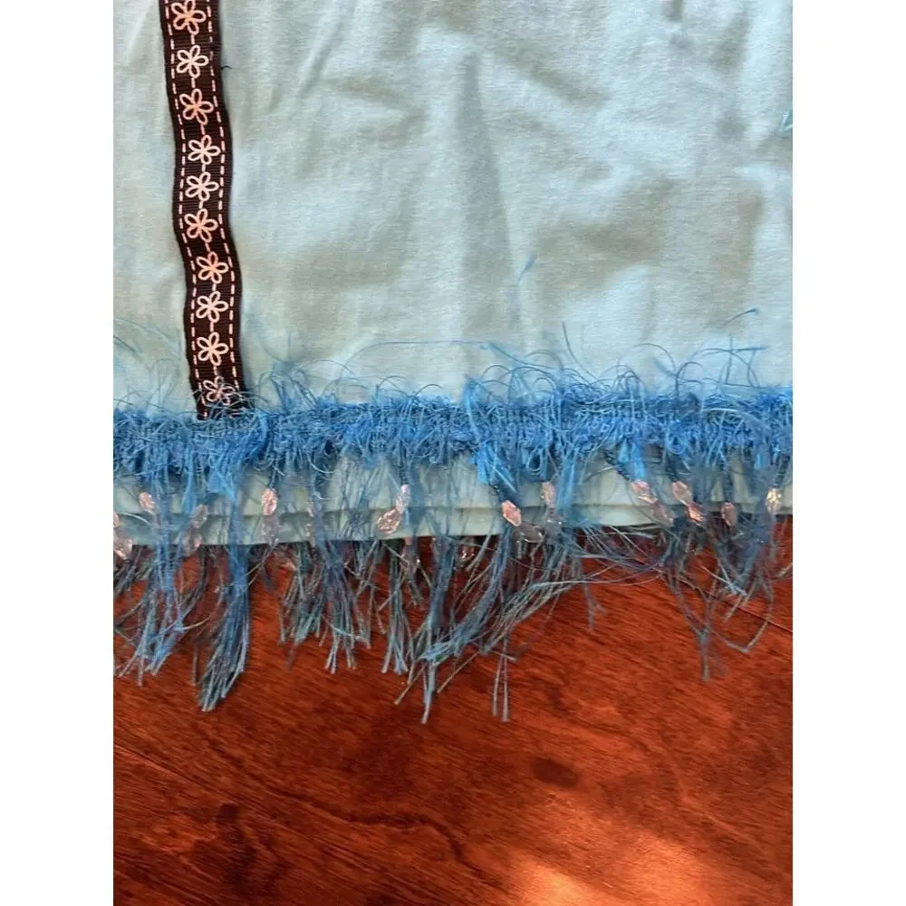 Vintage LAT‎ XL Blue Flower Beaded Tassel Pocket Tee T-Shirt